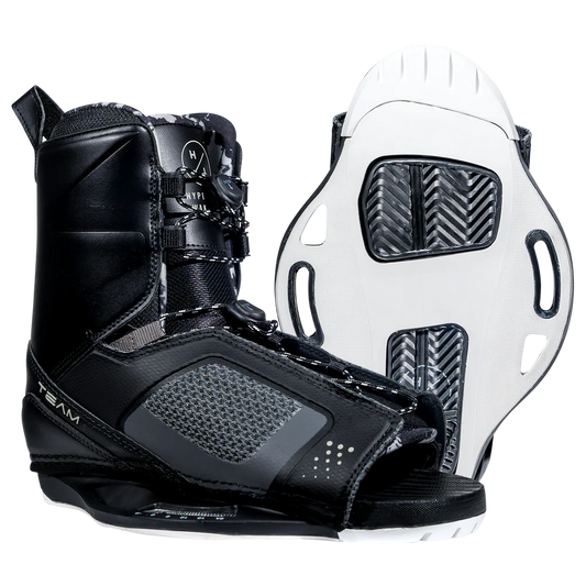 Black and white wakeboard boot with bindings
